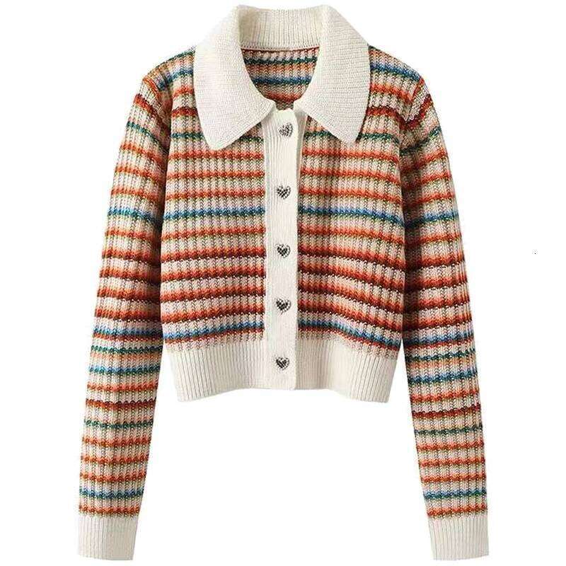 Women's Colorful Striped Knitted Cardigan Short Spring Autumn Vintage Stripe Sweater Fashion Slimming Flip Collar Loose Top Z260314
