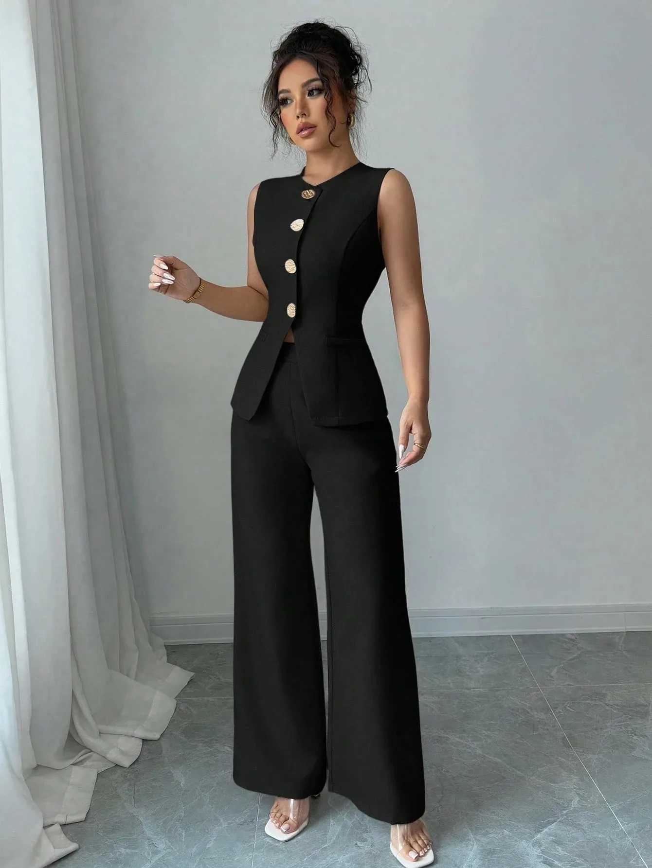 New Fashionable Commuter Womens Suit Casual Solid Color Round Neck Cardigan Vest Paired With Loose Wide-leg Pants Two-piece Set s54 M260313