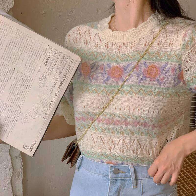 Women Short Sleeve Pullovers Knitting Hollow Out Printed Sweet Girls Soft Slender Korean Style Hipster Teenagers Lovely Popular Z260313