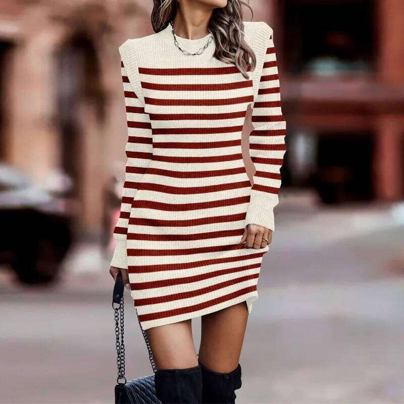 Round Neck Dress Solid Color Vestidos Knitted All-match Dresses 2025 Woman Long Sleeves Package Hip Slim Commuting Temperament Z260313