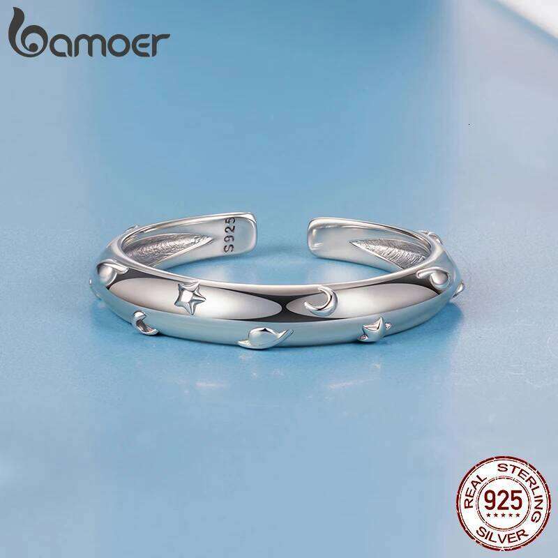 Bamoer 3D Punk Planet Open Oxidized Moon & Star Stacking Finger Ring for Women Minimalist Party Gift 925 Sterling Silver H260312