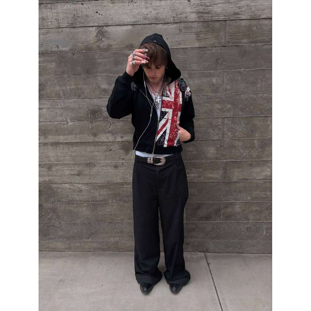 British flag printed cardigan hooded fashionable solid color oversized sweatshirt Y2K Harajuku Hip Hop Gothic casual clothes Z260315