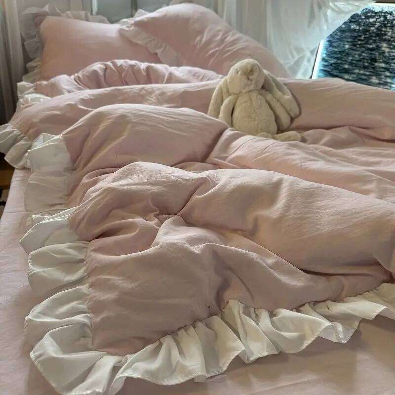 Ins Pink Princess Bedding Set with Ruffles Solid Color Soft Girls Boys Duvet Cover No Filler Pillowcase 3 or 4 pcs Bed Sheet H260312 - view 4