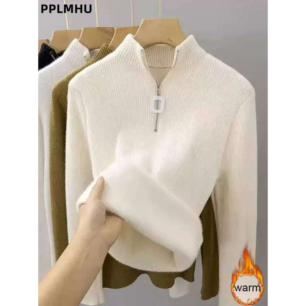 V-Neck Plus Velvet Thicken Knitted Pullover Sweater Woman Casaul Korean Fashion Knitwear Tops Jumpers Plush Lined Warm Sueter Z260314