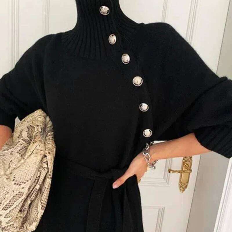 Vintage Chic Dresses Autumn Winter Women Solid Turtleneck Button Bandage Fashion Long Sleeve Loose Loog Straight Knitted Dress Z260314