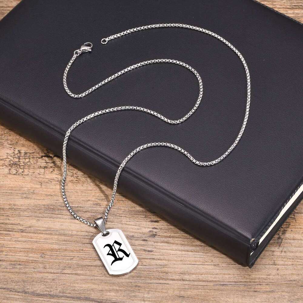 Punk Initial DogTag Necklace Men,A-Z 26 Letter Stainless Steel Pendant Necklaces,Old English Number Jewelry Gifts for BBF H260312
