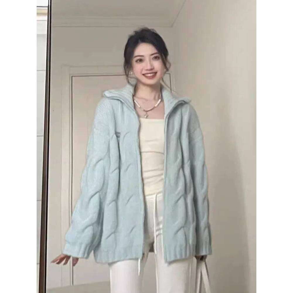 Women American Retro Blue Knitted Sweater Autumn Winter Casual Solid Y2k Cardigan Coat Ladies Sweet Fashion Outwear Tops New Z260313