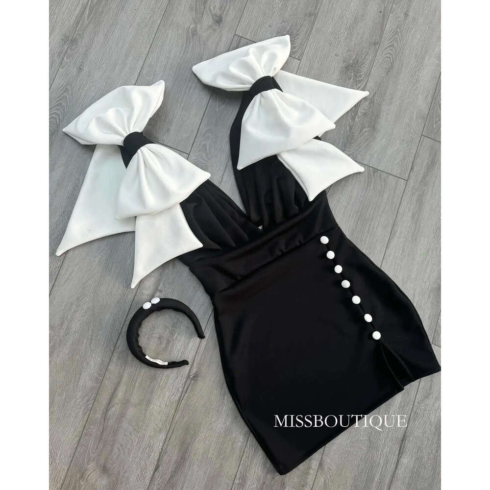 Little Black Bodycon Party Dresses Sheath Bowknot Straps Mini Short Cocktail Gowns Mother Dress With Buttons Bc19956 B0313