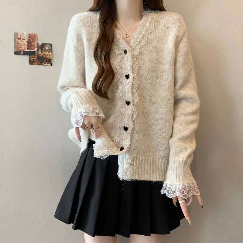 French Lace Edge Patchwork V-neck Women Cardigan Autumn Winter Lazy Style Loose Long Sleeves Single-Breasted Knitted Sweater Z260313