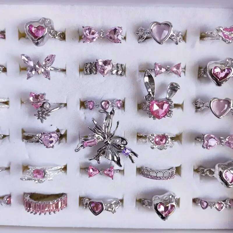10Pieces Exquisite Pink Synthetic Zircon Heart Butterfly Rings Set For Women Mix Style Open Adjustion Jewelry Party Gifts H260312