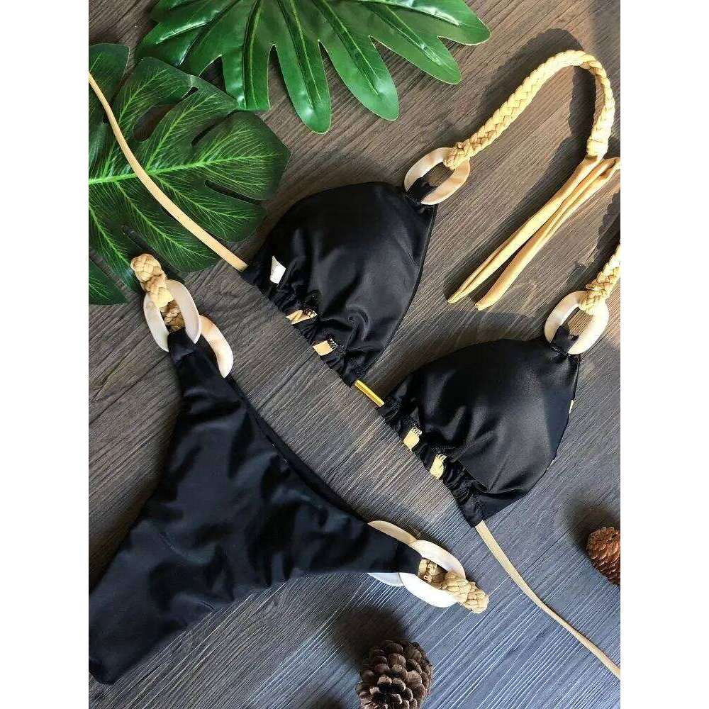 RUOTONGSEPT Black Bandeau Bikini Set Swimwear Women Push Up Biquini Sexy Thong Bikinis Patchwork Swimsuit Backless Bathingsuit Y260303