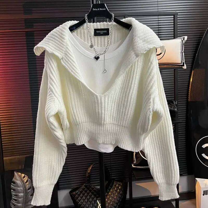 Autumn Jacket Women Sweater Knit Pullover Lazy Y2k Clothes Cropped Tops Long Sleeve Loose Design Knitwear Streetwear Z260313