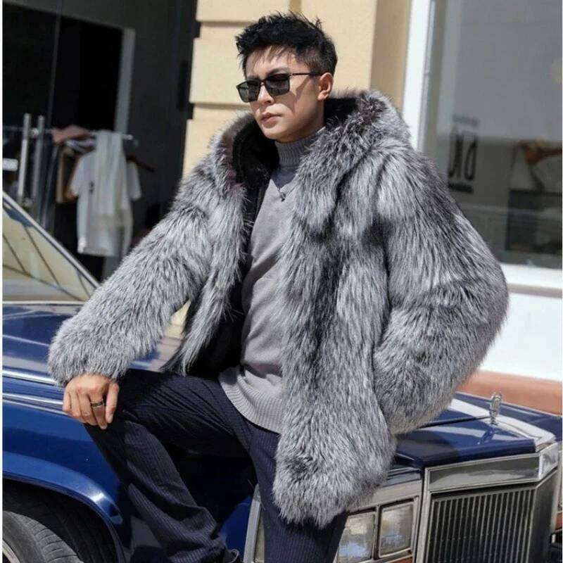 Luxury Brand Men Winter Warm Hooded Faux Fox Men's Mink Fur Coat High-end Thick Jacket Windproof Snowwear High Quality Z260313