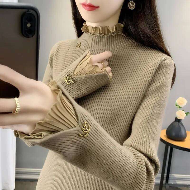 Underlay Women's Autumn and Winter High Neck Sweater 2023 New Lace Net Red Popular Advanced Fashion Age Reducing Top Z260313