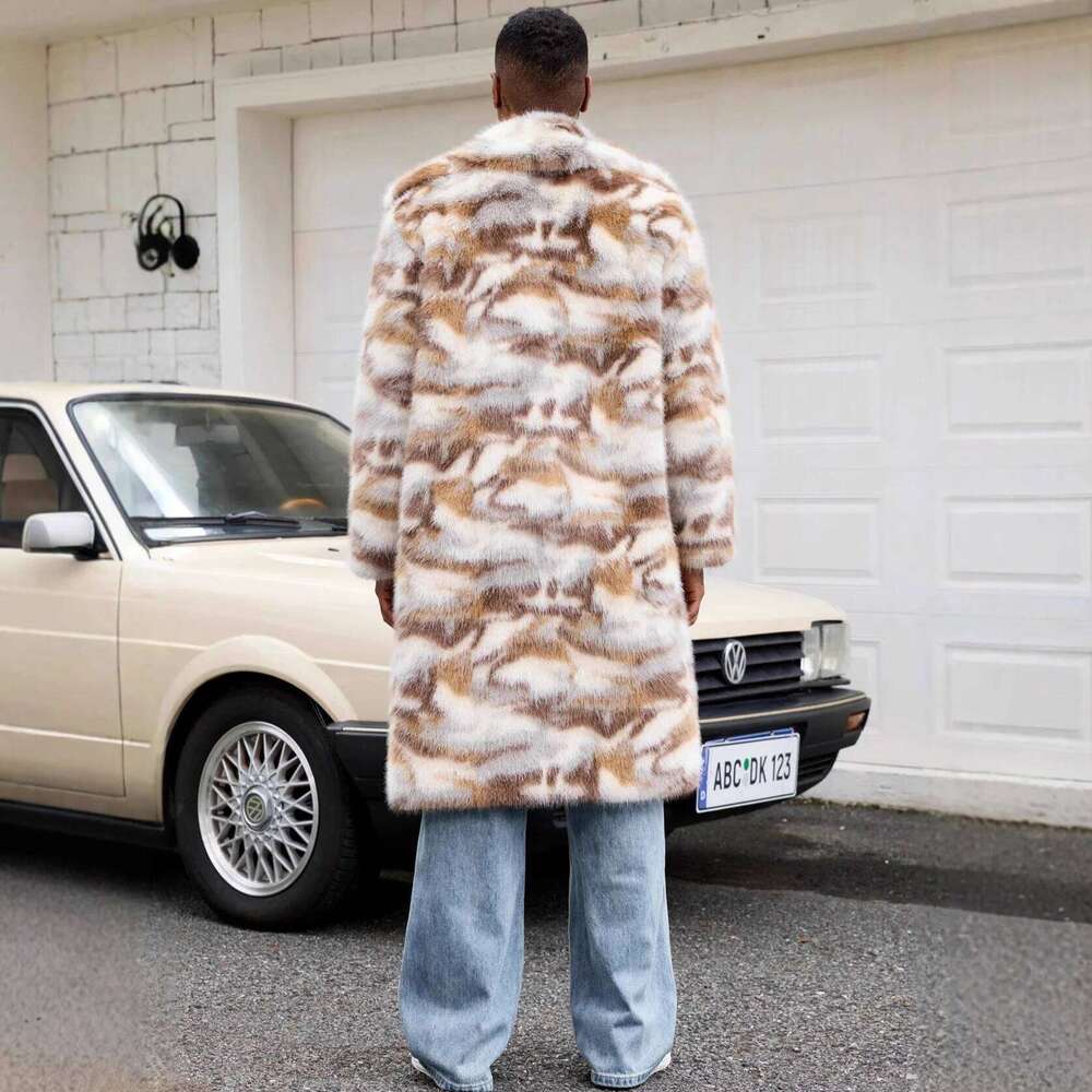 European American Autumn Winter New Fashion Men's Turn-down Collar Camouflage Casual Trendy Loose Faux Fur Cardigan Coats Tops Z260313