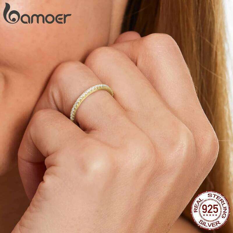 BAMOER White Gold Plated Solid 925 Sterling Silver CZ Simulated Diamond Stackable Ring Eternity Bands for Women H260312