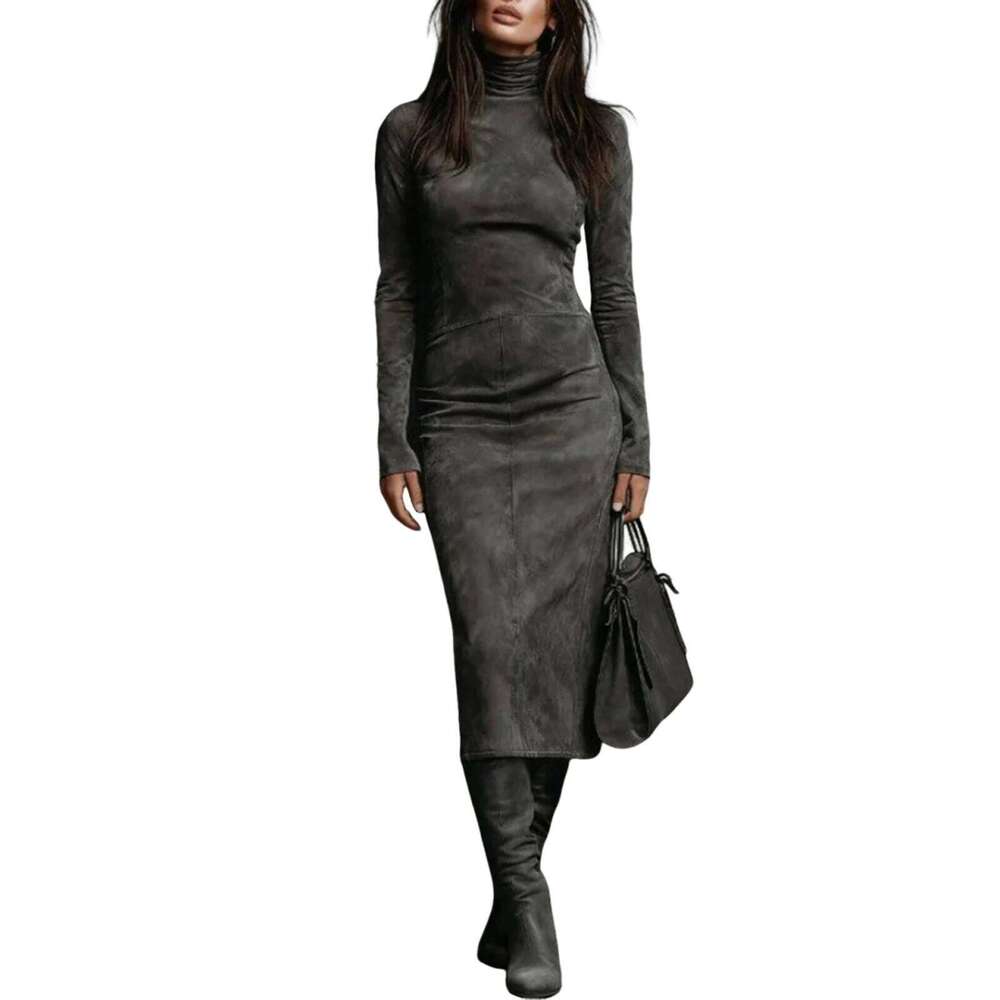 Women's Pleated Velvet Super Sleeve High Neck Tight Long Fashion Solid Color Dress Z260314