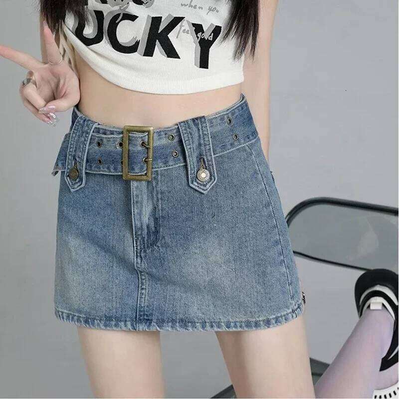 Ins Women American High Waist Gothic Jeans Girls Vintage Wrap Hips Denim Dress Female Streetwear Blue Black A Line Skirts Z260314