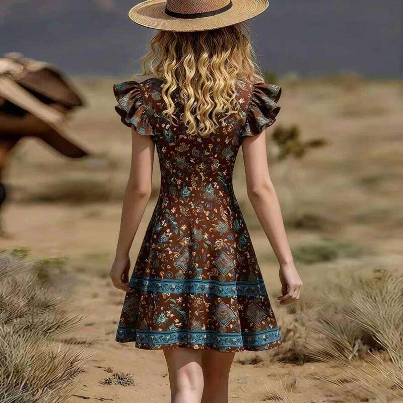 Ethnic Woman Clothes 2026 New Spring Elegant V Neck A-Line Party Dresses Summer Butterfly Sleeve Ruffle Print Mini Dress Vestido