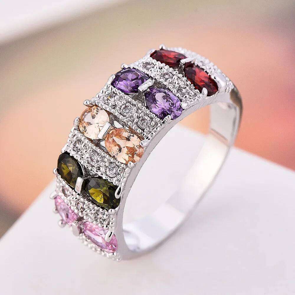 Bohemian Female Rainbow 925 Sterling Silver Filled Promise Engagement Rings for Women Colorful CZ Crystal Wedding Jewelry H260312