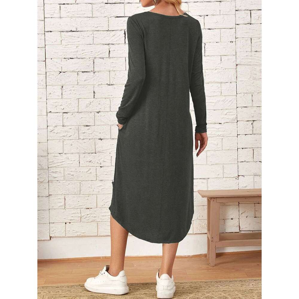 New autumn winter European and American women's solid color casual long-sleeved with curved hem loose dress Z260313