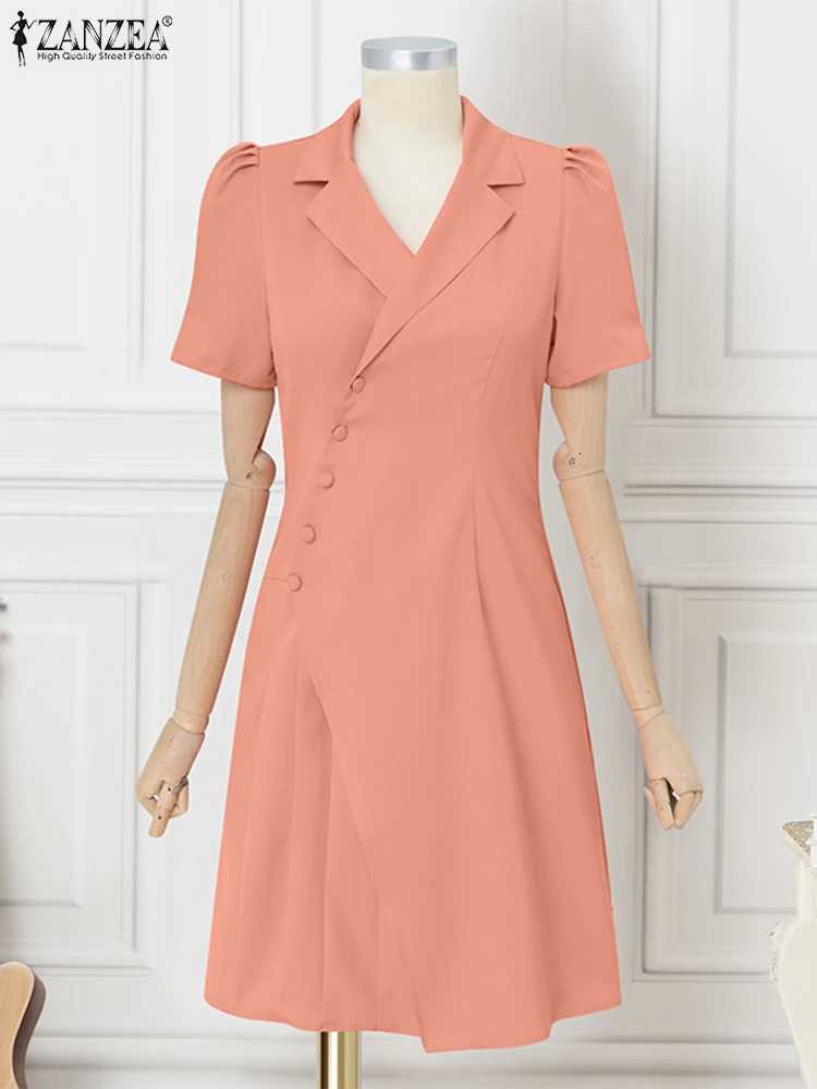 ZANZEA Women OL Work Dress Elegant Knee-Length Suits Sundress Summer 2025 Casual Short Sleeve Vestidos Solid Lapel Neck RobesT260314