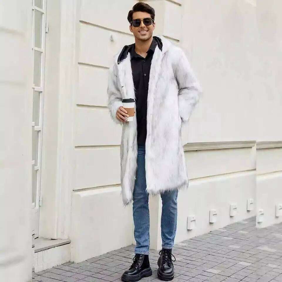 Faux Fur Coat Men Warm Loose Long Coats Hoodies Full Sleeve Midi Waist Thick Jackets Elegant Male Jacket Autumn Winter Z260313