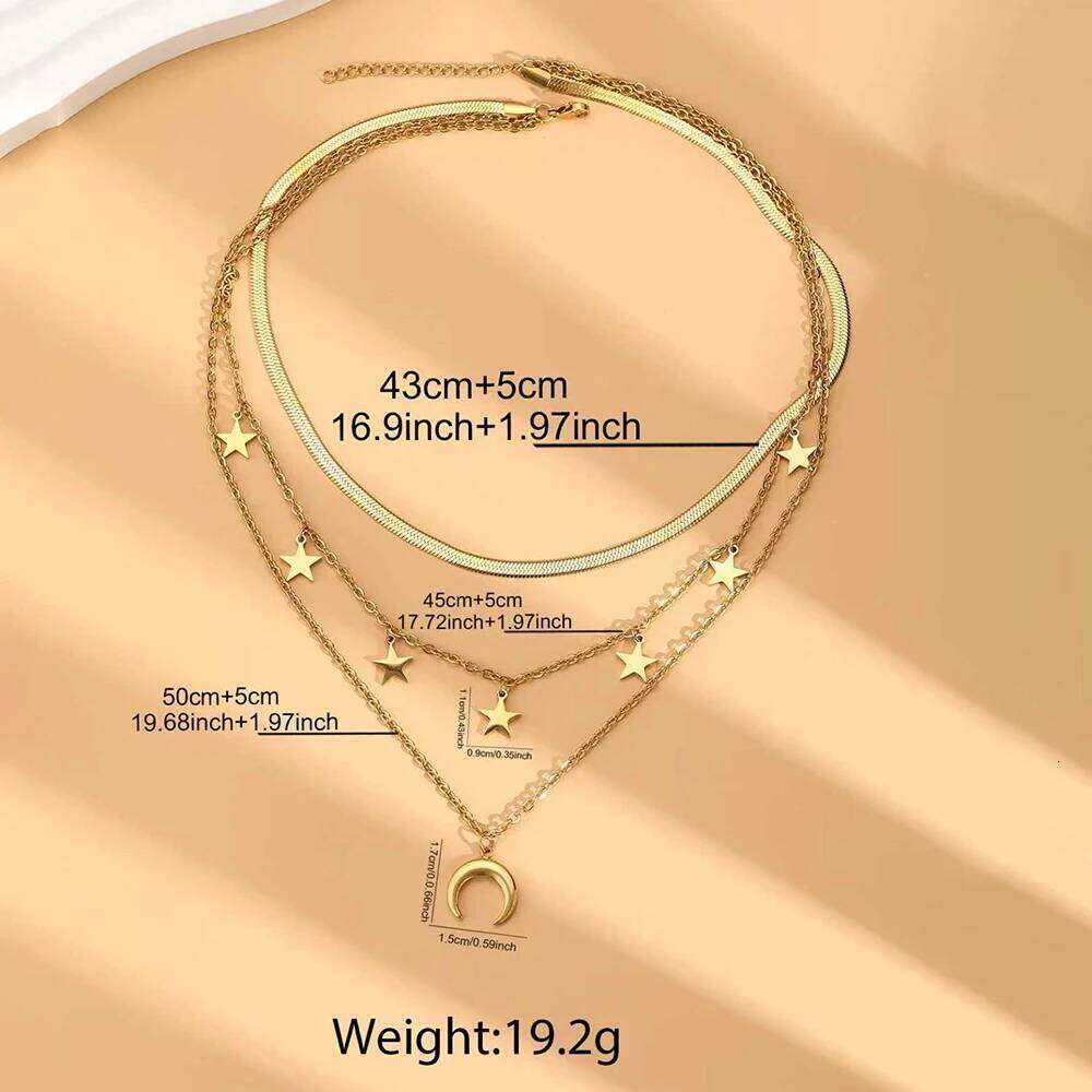 DOTIFI Stainless Steel Star And Moon Pendant Flat Snake Multi-Layer Layered Necklace Fashionable Unique Collarbone Chain H260312