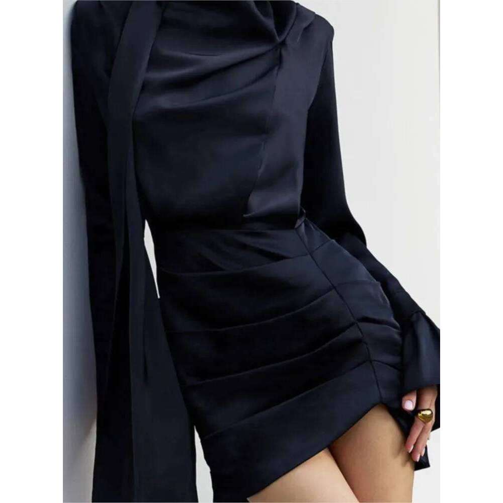 Irregular Navy Blue Long-sleeved For Women New Autumn Winter Short Dress Trumpet Sleeves Slim-fitting Hip Frock Ropa Mujer Z260314