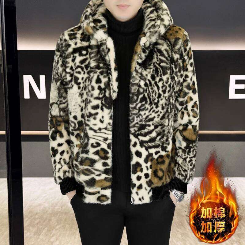 2025 Winter Leopard Print Fur Jacket Men Thick Warm Hooded Casual Cotton Jackets Social Business Faux Mink Coat Z260313
