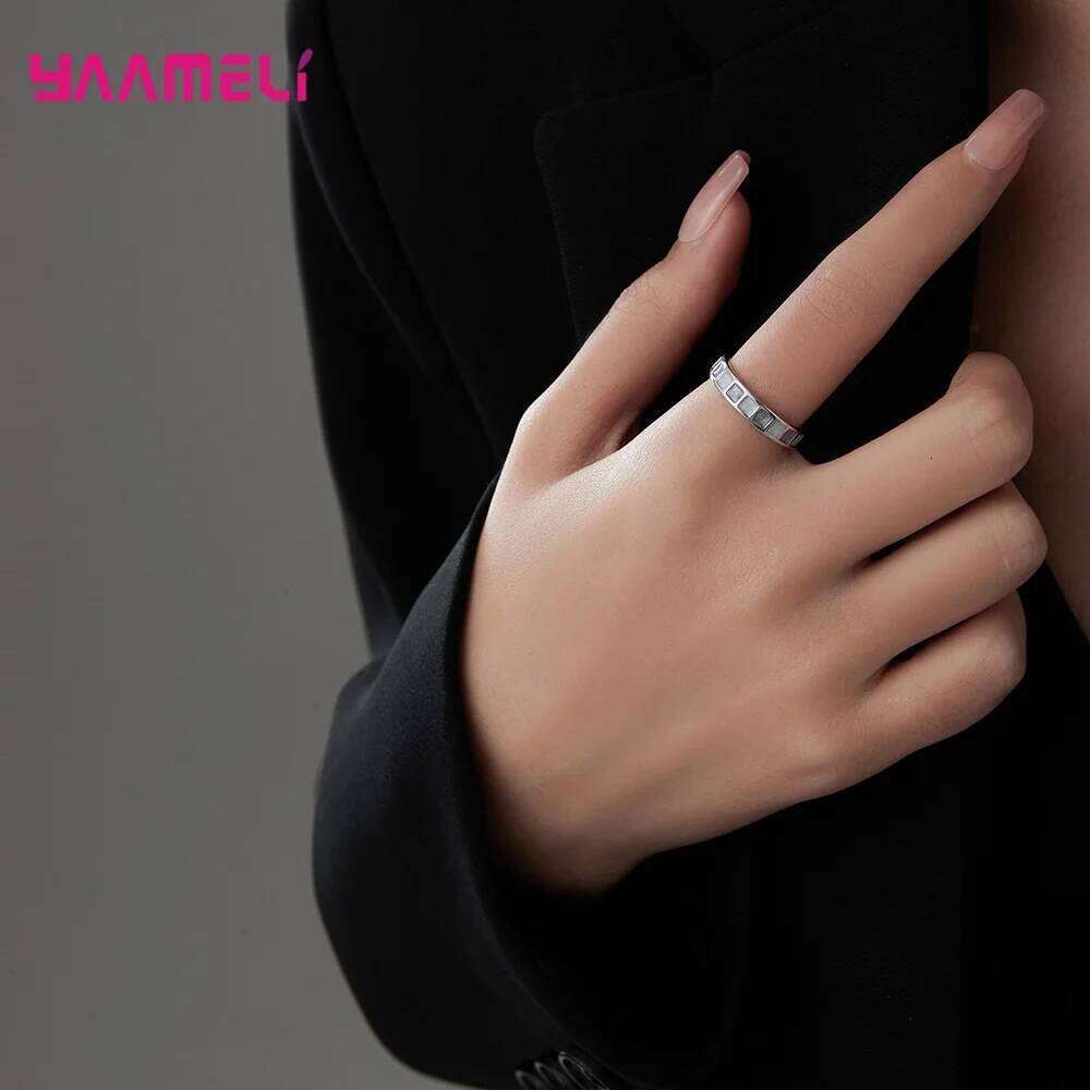 925 Sterling Silver Jewelry Women Opening Adjustable Ring Glitter Square Wide Band New Fashion Female Accessories H260312