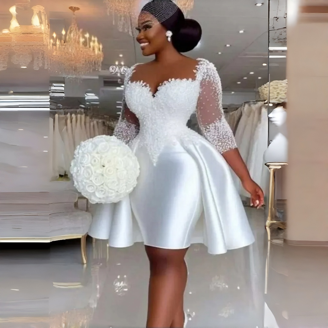 Classic Short Civil Wedding Dresses Beaded White Satin Bridal Gowns Three Quarter Sleeves Black Girls Garden Bride Dress