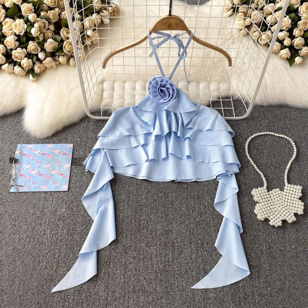 Designer pure desire 3D flower backless collar women's vest summer fashion with A17 ruffled edges super fairy like