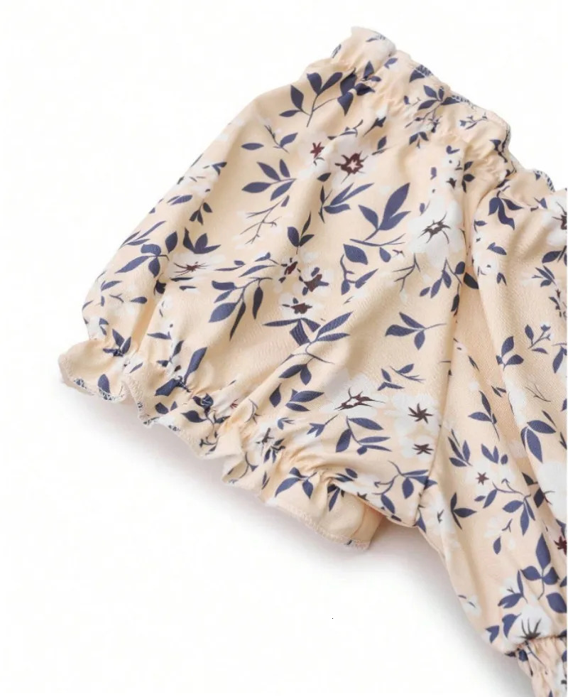 Vintage floral dress with fluffy cuffs and pleated waist cinching suitable for womens summer beach wear parties 260313