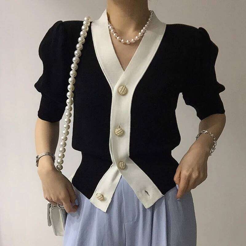 Summer Elegant Puff Short Sleeve Cardigan Office Lady 2023 Korean Contrast Single Breasted V-Neck Casual All-Match Knitted Tops Z260314