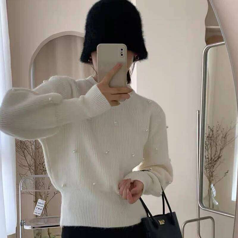 Autumn Winter French Gentle Round Neck Long Sleeve Beads Knitted Sweater For Women Z260313