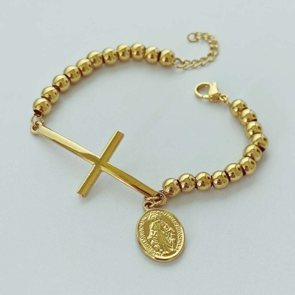 Women Jewelry Bracelets Charm Bracelets Unisex Stainless Steel Rosary Bead Bracelet Two-Sided Totem Cross Pendant Fashion Women Bracelet