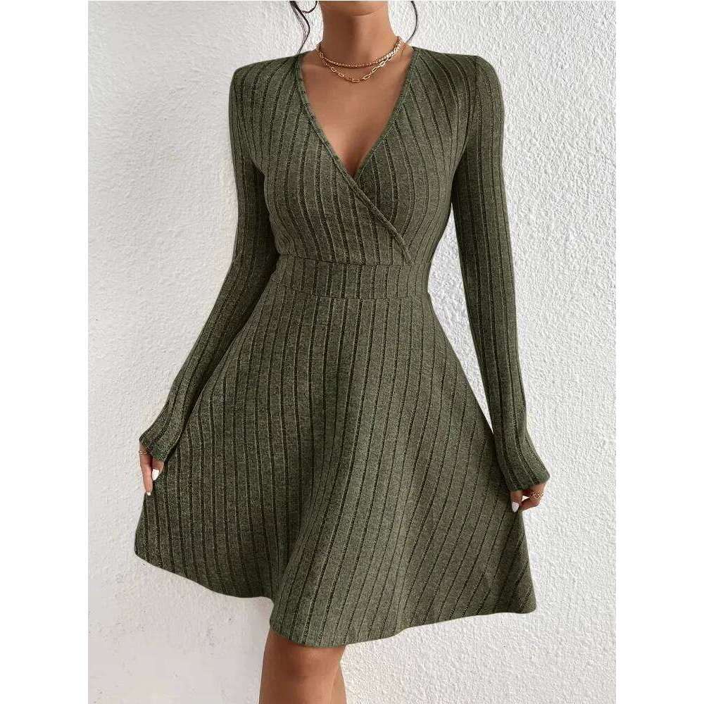 Sweater Women's Slim Fit V-Neck Long Sleeve Knit Dress Autumn/Winter Sexy Bodycon High Waist Midi Casual Party Dresses Z260314