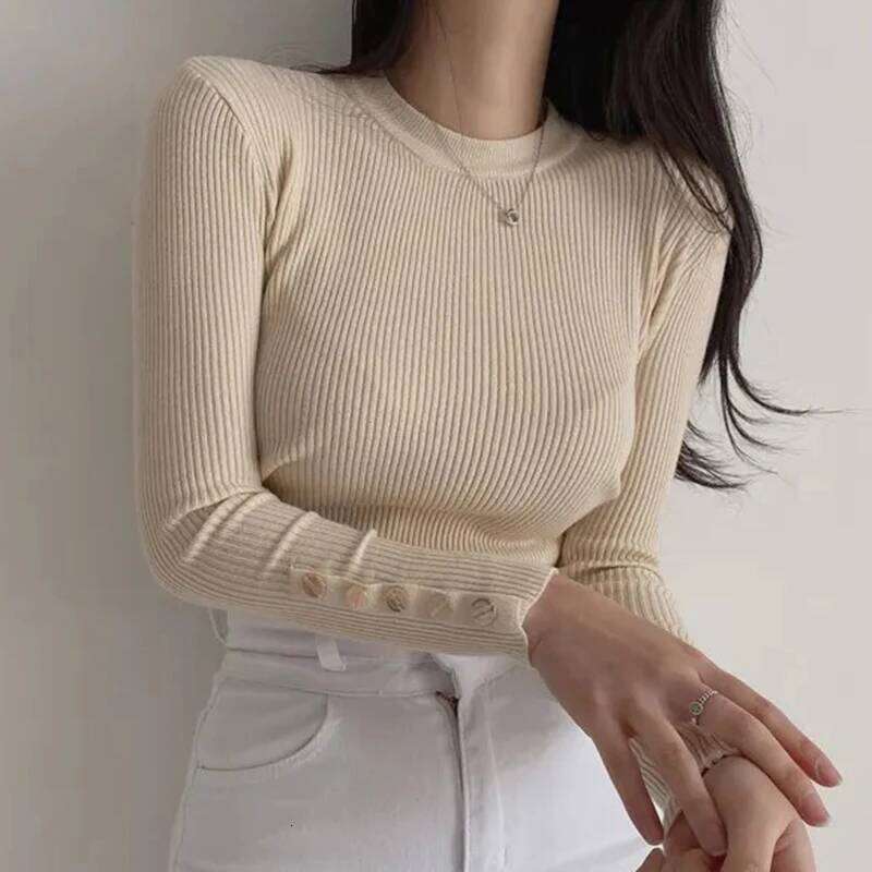Autumn Winter Women Knitted Sweater Long Sleeve Button O Neck Slim Pullover Sweaters Female Soft Warm Bottoming Tops Z260314