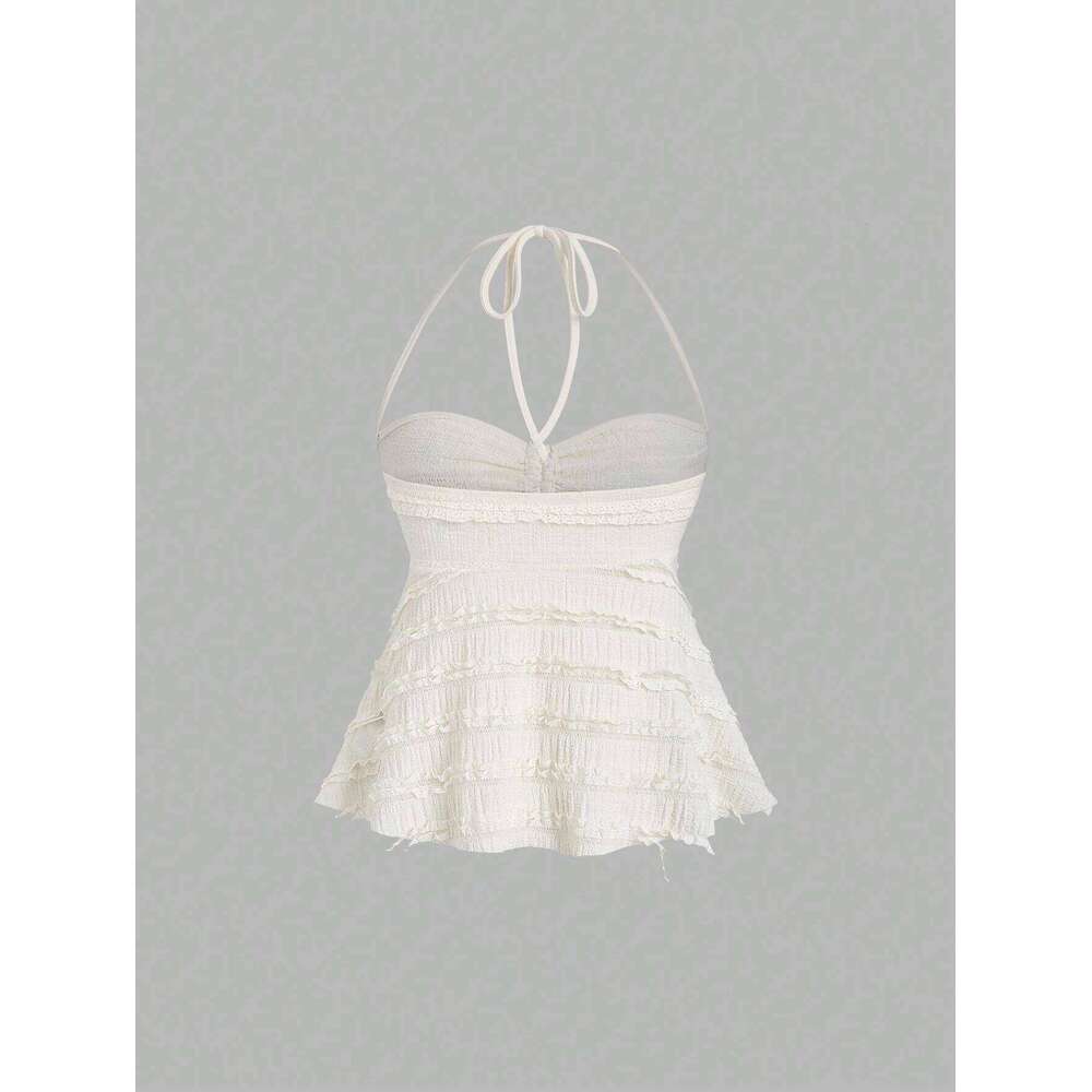 Women's Summer Fashion Casual Apricot Drawstring Knitted Textured Short Halter Neck Lace Up Vest Top