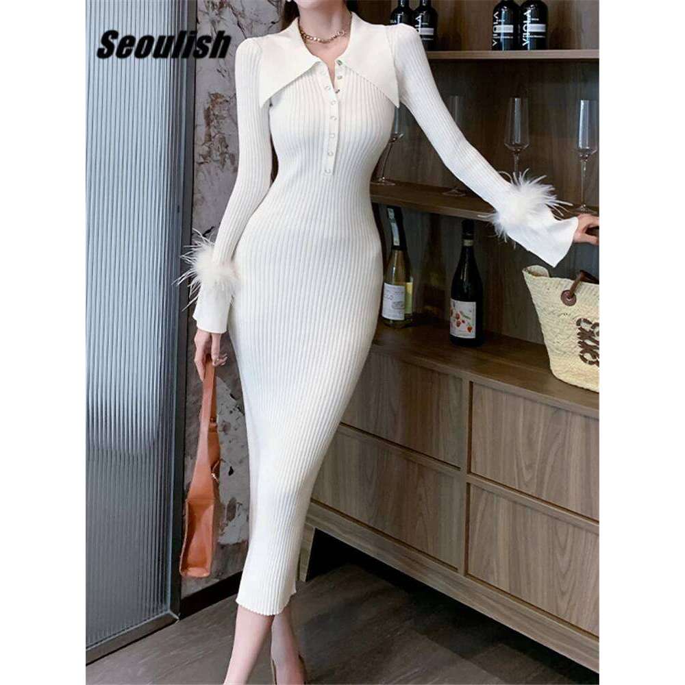 Seoulish Autumn Winter Polo Collar Women's Wrap Knitted Dresses Long Sleeve Sheath Knitwear Office Bodycon Dress Female 2023 New Z260313