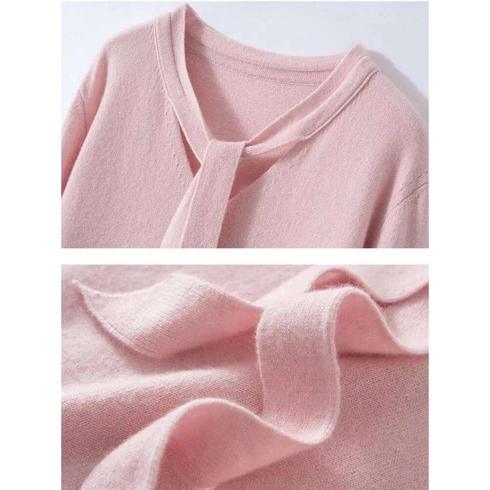 Women 100% Cashmere Sweater Ribbon V-neck Design Pullovers Autumn Winter French Retro Style Soft Knitwear Clothing Tops High-end Z260314