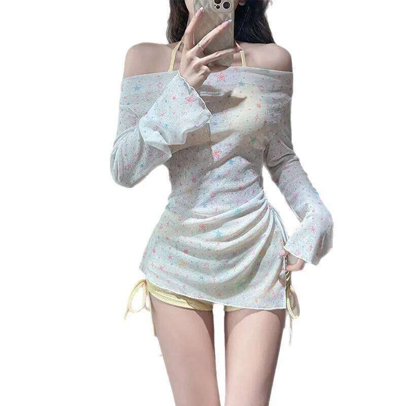 Long Sleeve Sun Protective Sweet Cute Star Print Bikini Three Piece Beach Rash Guard Coverup Swimsuit 26H0313