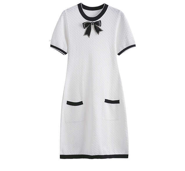 2026 Summer New Women's Knitted Short Sleeve Small Fragrant Style High Waist A-line Slimming Ice Silk Dress