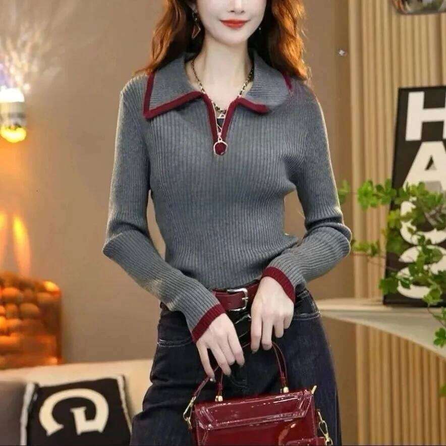 Zipper Lapel Sweater Women Autumn Winter Pullover 2026 New Color Blocked Long Sleeved Slim Knit Top Female Bottoming Shirt Z260313