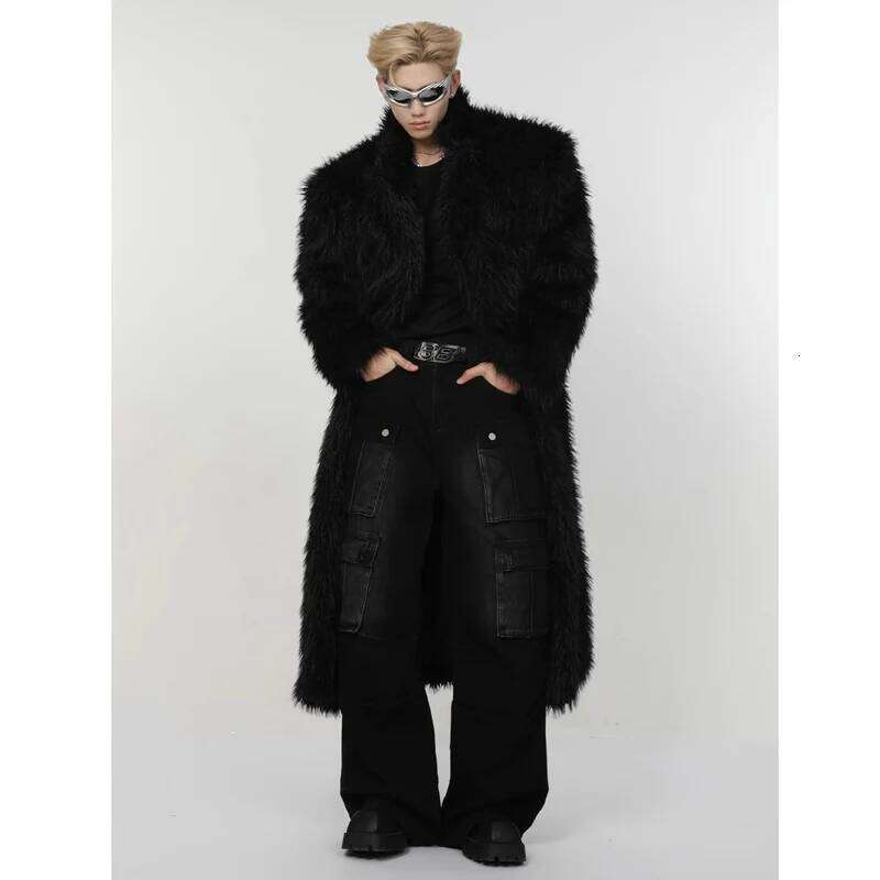 Men's winter artificial mink long over the knee fox fur wool fashion plush trench coat Z260313