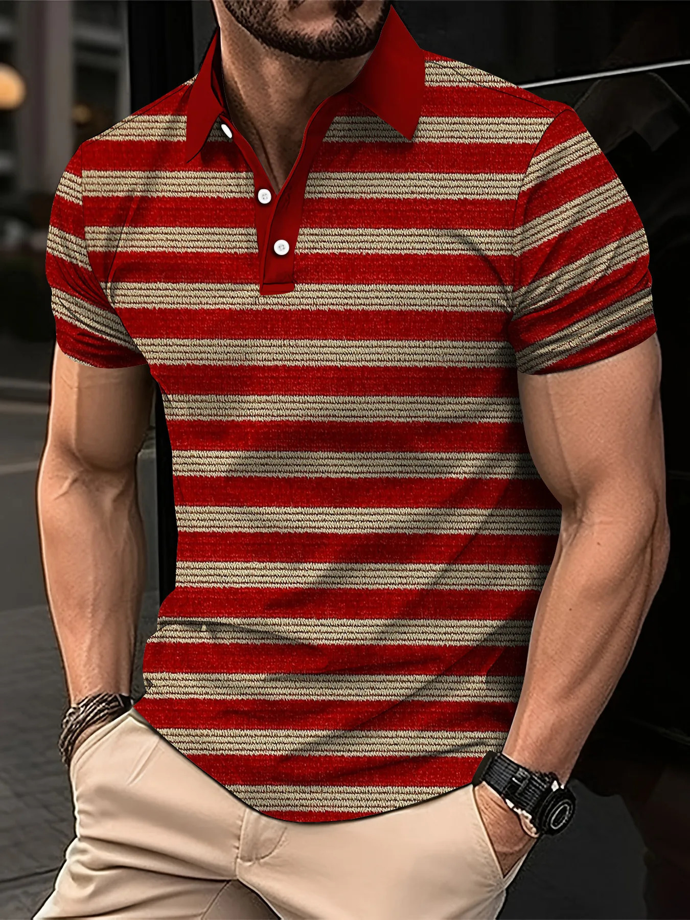 Mens Short Clothes Sleeved Lapel 3D Digital Printed Striped Polo Shirt Summer Mans Business Casual Top Oversized 260312