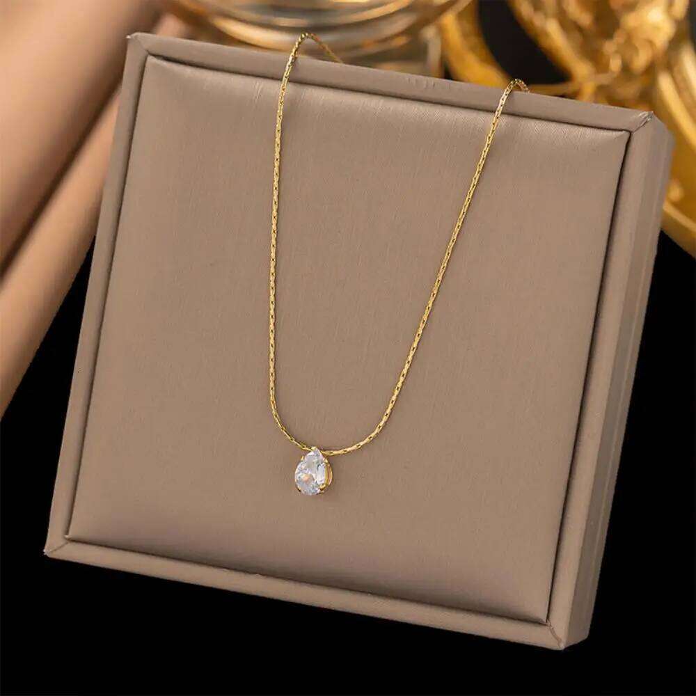 Stainless Steel Shiny Clear Zircon Waterdrop Pendant Necklace for Women Girls Minimalist Choker Chains Party Jewelry Gift New H260312