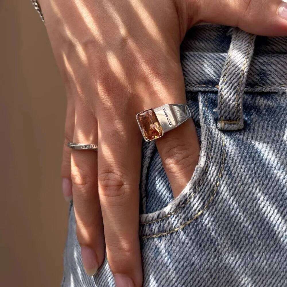 Fashion Good Luck Letter Square Crystal Stainless Steel Opening Couple Rings for Women Men Charm Finger Jewelry H260312