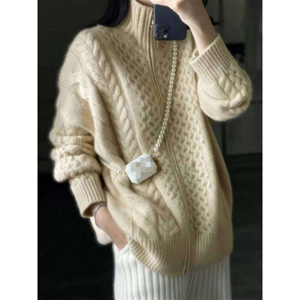 Women's Oversized Beige Cable Knit Sweater Casual Long Sleeve Half-Zip Pullover with Pockets Comfortable Knitwear Z260313